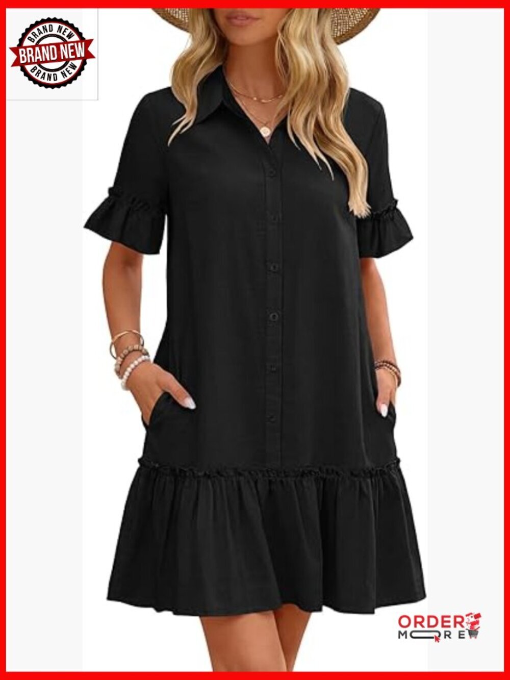 Button Down Ruffle Sleeve Mini Shirt Dress with Pockets Casual Shift Dress